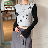サイトラムナッピングカラースタープリントクロップロングスリーブTシャツ