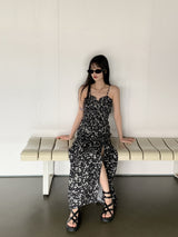 フラワースリット ロング ノースリーブ ワンピース/ Sofie Smoking Flower Slit Long Sleeveless Dress