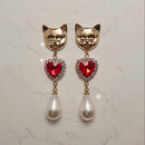 メルビーザキャットシリーズ - エメラルドスクエアアンドパールピアス / Melbie The Cat Series - Emerald Square and Pearls Piercing