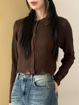 Tuma damage snap button collar knit cardigan