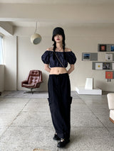 ミネンデニムオフショルダークロップド半袖ブラウス / Minen Denim Off Shoulder Cropped Short Sleeve Blouse
