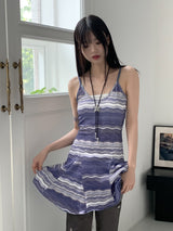 ブルーシービンテージグラディエントパターンフレアノースリーブミニワンピース / Blue Sea Vintage Gradient Pattern Flare Sleeveless Mini Dress