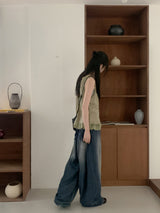 Bupin summer fabric back-banding balloon Vintage washing long wide denim pants