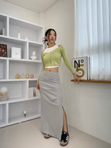 アンフッテッドシャーリングスリットロングスカート / Unfooted shirring slit long skirt