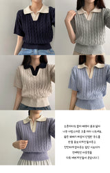 カラーリングカラーツイストクロップドショートスリーブニットウェア / colouring collar twist cropped short-sleeved knitwear