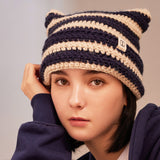Square Label Stripe Crochet Beanie / Navy