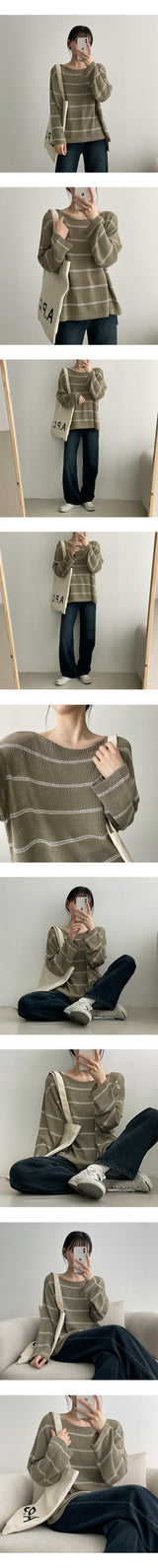 リンプルストライプブックルサマーロングスリーブニットウェア / Linple Stripe Bookle Summer Long-Sleeved Knitwear