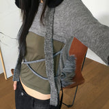 ワープツートン配色ストラップクロップ長袖Tシャツ