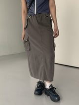コットンポケットカーゴストリングバックオープンバンディングロングスカート /Mark cotton pocket cargo string back open banding long skirt