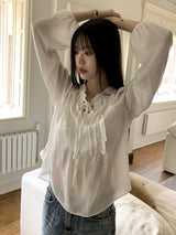 マーフィングラブリーピンタックフリルリボンヨルブラウス / Maping lovely pintuck frill ribbon yoru blouse