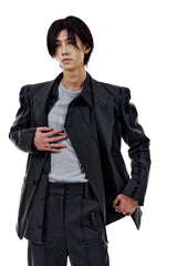 LEATHER LINE TAILORED JACKET (CHARCOAL) (6654719623286)