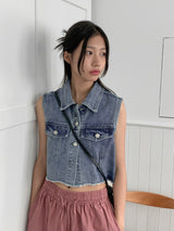 Lamento Denim Collar Pocket Cropped Vest