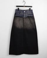 Toojen Unique Coloring Layered Back-Slit Washed Denim Long Skirt