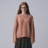 V-NECK CABLE KNIT PULLOVER, APRICOT