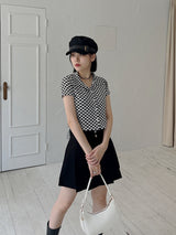チェッカーボードクロップカラーTシャツ / Checkerboard Crop Collar T-shirt (3color)