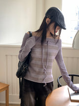 スエトンストライプストリングオフショルダーウォーマーTシャツ