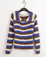 Liche Y2K Stripe Collar Two-Way Knitwear Off-Shoulder Zip-Up Cardigan