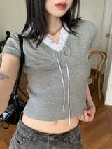 Chetshire y2k lace ribbon string V-neck short sleeve knit