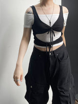 レイヤードストラップホールリボントップ / Layered Strap Hole Ribbon Top