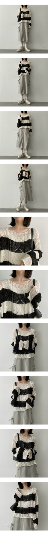 オペルストライプリップネックニットウェア/Opel Striped Lip Neck Knitwear