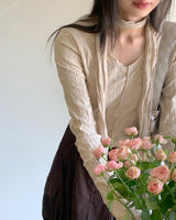 Tory V-neck Shirring Pleated Cropped Long-Sleeved T-shirt