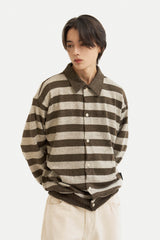 ストライプカラーカーディガンシャツ/Striped collar cardigan shirt C7 Oatmeal&Brown