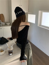 ブラックオフザショルダーバックレストップ