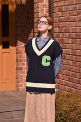 ライトグリーンCパッチvネックニットベストユニセックス / Light Green C Patch V-neck Navy Knitwear Vest