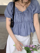 Tizen ribbon shirring puff flare crop denim short-sleeved blouse