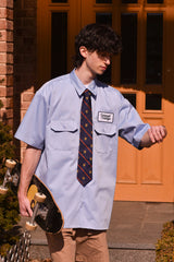 ドントウォーリーハンバーガーユニセックス半袖ワークシャツ / Dont Worry Hamburger Short-Sleeved Unisex Work Shirt
