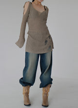 リボンオープンショルダーニット / Ribbon Open Shoulder Knit (4color)