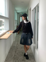 ハイニーリブドVネックセミクロップロングスリーブニット
