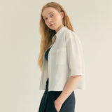 ストライプリンクルポケットクロップシャツ / Stripe Wrinkle Pocket Crop Shirt (White)