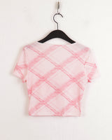 チョイカチェックツイストキンクハートネッククロップ半袖Tシャツ/Choika Check Twisted Twisted Heart Neck Cropped Short Sleeve T-shirt