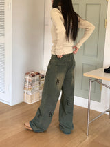 ペールヒップレタリングウォッシュドワイドデニムパンツ