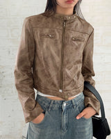 Ant no collar biker washing cropped leather jacket