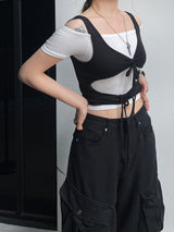 レイヤードストラップホールリボントップ / Layered Strap Hole Ribbon Top