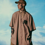 [UNISEX] Logo Applique Linen-Blend Baseball Shirt (Camel)
