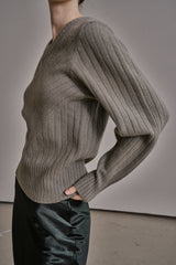 リブ Vニットトップス/RIBBED V-KNIT TOP_L.GREEN