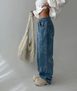 Flower string denim wide pants