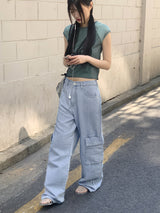 ビソップサマーフードファブリックワイドカーゴデニムパンツ / Bisopp Summer Hooded Fabric Wide Cargo Denim Pants