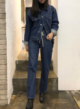 セミワイドフィットストリングポイントダークデニムパンツ/JEON SO MIN SEMI-WIDE FIT STRING POINT DARK DENIM PANTS [17708]