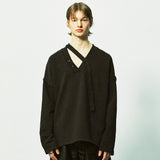 vネックレイヤードストリングピアススウェット / v-neck layerd string pierced mtm black