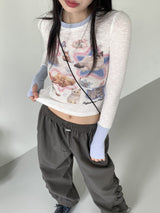 Natty Kitsch cat color matching ribbed warmer long-sleeved T-shirt