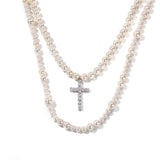 DOUBLE LAYER PEARL CROSS NECKLACE (6684445999222)