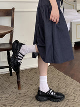 リボンひも ベルト 裏バンディング インディゴ デニム フレア ミディ スカート /Sage Ribbon String Belt Back banding Indigo Denim Flare Midi Skirt