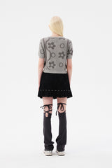 チェリージャカードパターンショートスリーブカーディガン / CHERRY JACQUARD PATTERN SHORT SLEEVE CARDIGAN [MELANGE GRAY]