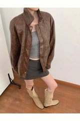 Collar boxy round leather jacket