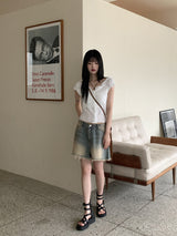 ローバエンボスパールボタン半袖ブラウス / Roba Embossed Pearl Button Short Sleeve Blouse