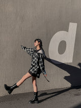 (UNISEX)キッチフードバルーンチェックシャツ